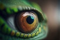 a close up of a green lizard\'s eye with a yellow iris and a black spot in the center of the eye, wit