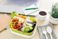 Close up green Lunch box on the work place of working desk ,Healthy eating clean food habits for diet and health care concept Royalty Free Stock Photo