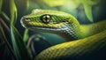 Close-up of a green mamba snake luring in a tropical environment with lush green plants