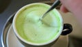 Close up green matcha latte drink