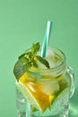 A close-up of a green mint in focus in a glass jar with citrus slices, ice, water and plastic straw isolated on green Royalty Free Stock Photo