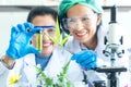 Close up green oil and essential with team science lab research flower with microscope for Natural alternative herb from fresh fl