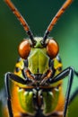 Close up of green and orange insect with large eyes and long antennae. Generative AI Royalty Free Stock Photo