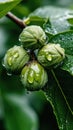 Close-up of green persimmon fruit cluster with dew on leaves Royalty Free Stock Photo