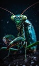 Close-up of a green praying mantis on a wet surface. AI generated