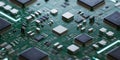 Close Up Of A Green Printed Circuit Board With Microchips And Components electronics Royalty Free Stock Photo