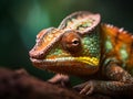 close up of a green red pigmented chameleon in the wildness