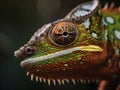 close up of a green red pigmented chameleon in the nature
