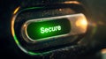 Close Up of a Green Secure Button Illuminated on a Modern Device with a Dark Background and Soft Glow