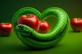 Close-up of a green snake entwined around a red apple. The fruit of love and temptation. photo Leonardo AI platform