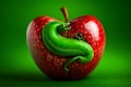 Close-up of a green snake entwined around a red apple. The fruit of love and temptation. photo Leonardo AI platform