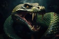 Close up of a green snake with open mouth and sharp teeth, Attacking snake, Atheris nitschei, AI Generated