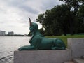 Close up of green sphinx sculpture at the pier on the Malaya Nevka river embankment in Saint Petersburg Royalty Free Stock Photo