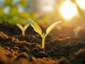 Close up of green sprout breaks out of the soil in the light of the dawn sun Royalty Free Stock Photo