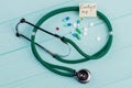 Close-up green stethoscope and pills on turquoise background.