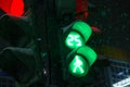 Close up of green traffic light during the snowfall in the evening Royalty Free Stock Photo