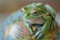 Close-Up of a Green Tree Frog on a Colorful Globe. Leap year concept