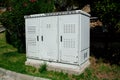 Close up Grey Hinged Power Supply Box on the street. Outside electrical box. Royalty Free Stock Photo