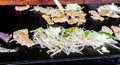 Closeup of Grill pork tepanyaki on hot pan in Japan