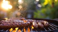 A close up of a grill with sausages cooking on it, AI