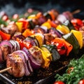 A close up of a grill with skewers of meat and vegetables