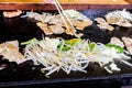 Closeup of Grill Traditional pork tepanyaki on hot pan in Japan