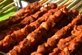 grilled beef meat stabbing in wooden stick on gridiron street food in China