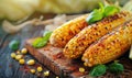 Close-up of grilled corn on a wooden board Royalty Free Stock Photo