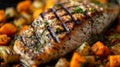 Close up of grilled dorado fish with spices and carrots, vibrant and colorful presentation