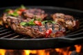close up of grilled lamb chops on a cast iron grilling skillet