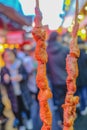 Close up Grilled lamp in Wangfujing Walking street and street food in beijing city