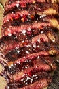 Close up of grilled Medium Rare Ribeye steak with salt cristals