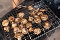Close-up of grilled mushrooms champions in bbq grill net with hot coal underneath. Grilling cooking food outdoors in