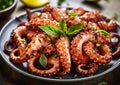 Close up of grilled octopus with basil in black ceramic plate.Macro.AI Generative