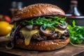 A close-up of a grilled portobello mushroom burger. The mushroom should be juicy and meaty, with melted cheese and a toasted bun.