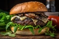 A close-up of a grilled portobello mushroom burger. The mushroom should be juicy and meaty, with melted cheese and a toasted bun.