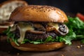 A close-up of a grilled portobello mushroom burger. The mushroom should be juicy and meaty, with melted cheese and a toasted bun.