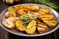 close-up of grilled potatoes scattered with fresh rosemary