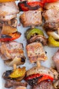 Close up on the grilled skewers of meat and vegetables on a white ceramic plate Royalty Free Stock Photo