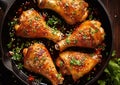 Close up grilled spicy chicken legs with parsley and red hot pepper.Macro.AI Generative