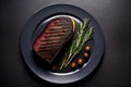 close-up grilled steak on a black plate, perfect food decor, top view Royalty Free Stock Photo