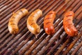 Close up of grilling sausages on barbecue grill. BBQ in the garden. Bavarian sausages Royalty Free Stock Photo