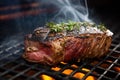 close-up of a grilling steak with smoke rising off