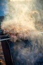 Close-up of grilling tasty dish on barbecue. Process of cooking yummy shashlik in nature. Delicious food on metal skewer Royalty Free Stock Photo