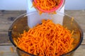 Close-up of grinding carrots on electric grater, kitchen machine, Appliances, Cooking and Recipes concept, vitamin-rich Healthy