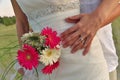 Close up of Groom Putting His Arms Around Brides Waist Showing Wedding Rings, Dress, and Bouquet Royalty Free Stock Photo