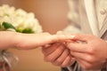 Close-up of the groom`s hands putting the wedding ring on the bride`s hand Royalty Free Stock Photo