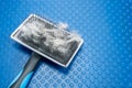 Close up grooming brush, or professional comb for dog, with shreds of white fur on the bright blue background. Concept of dog hair Royalty Free Stock Photo