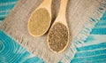 Ground cumin in a spoon and whole cumin on the wooden background. Royalty Free Stock Photo