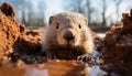 Close-up of a groundhog emerging from its burrow on a sunny day